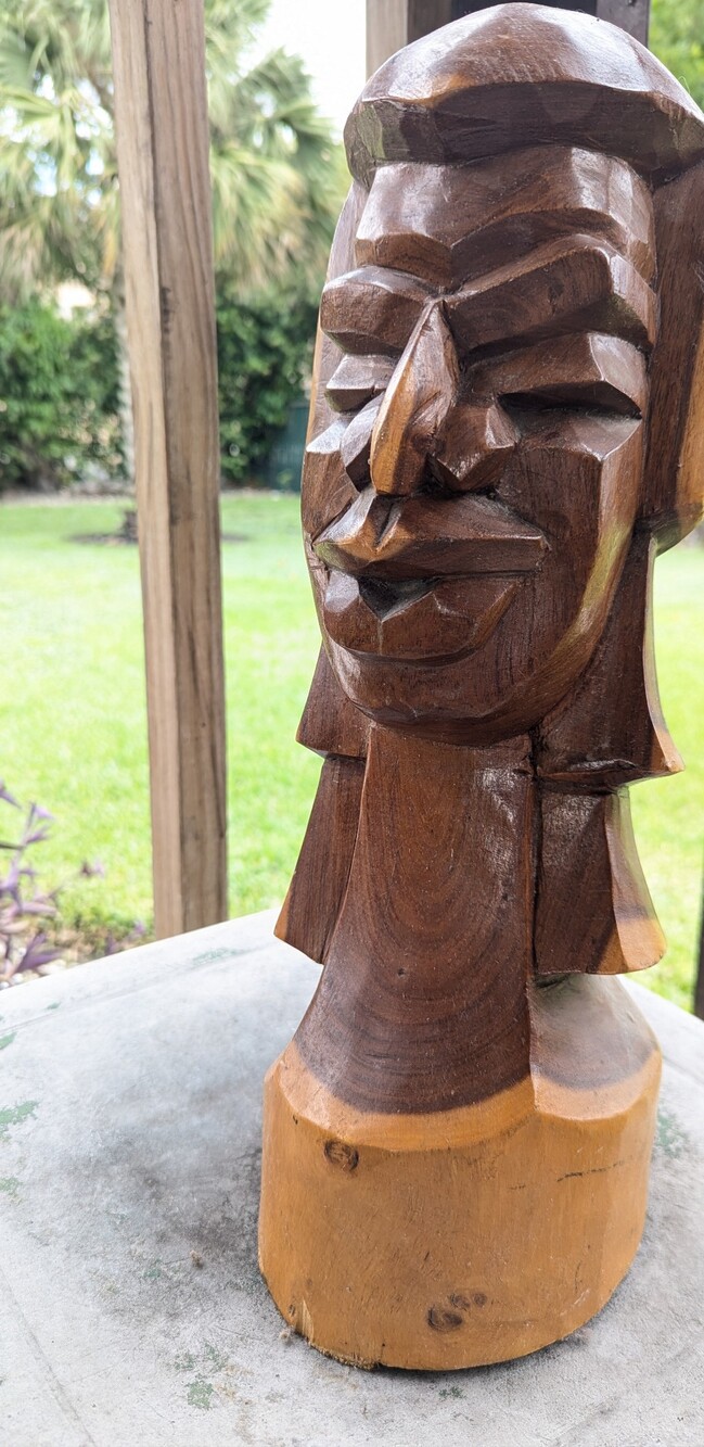 Hand-Carved Wooden Bust Sculpture in Brown and Tan